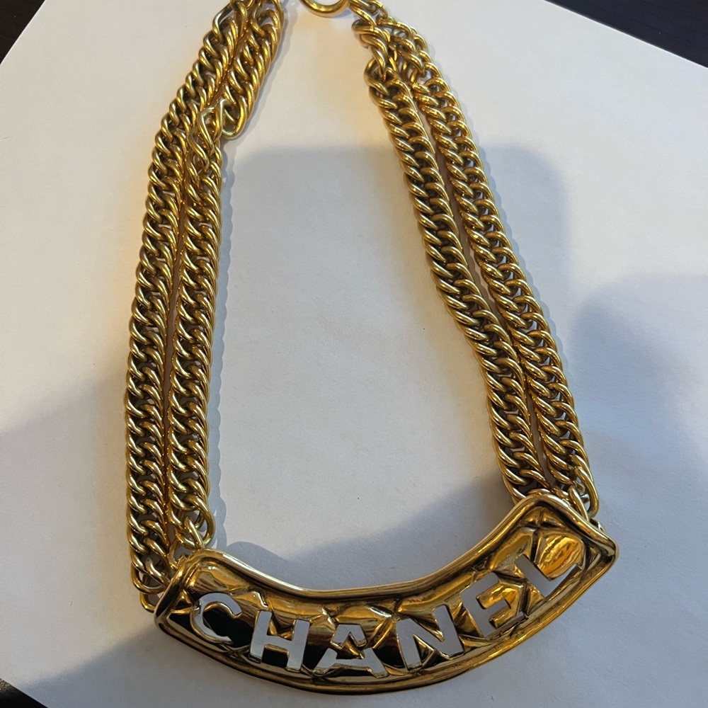 Vintage Chanel quilted choker gold necklace runway